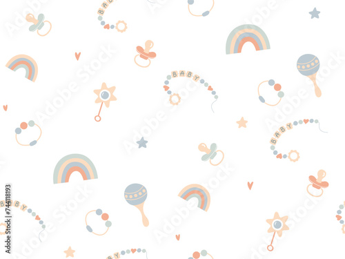 Cute seamless Pattern with Newborn Accessories. Boy girl Toy items. Nursery Baby Shower Background in pastel colors. Hand drawn Pacifier, Rattle, rainbow