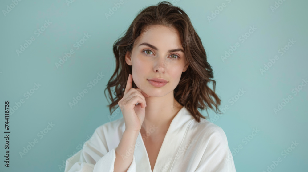 confident young woman with a subtle smile, posing with her hand on her chin against a blue background. confident young woman with a subtle smile, posing with her hand on her chin against a blue background.