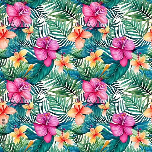 Tropical Paradise. Hibiscus and Palm Watercolor Pattern