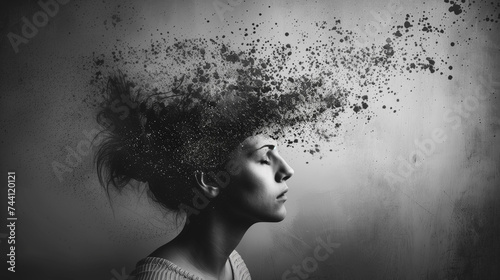 Abstract black and white image of a person's profile with head disintegrating into particles, symbolizing evanescence or mental health. © Another vision