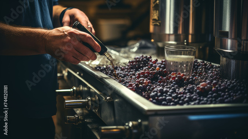 Hand of a winemaker adjusting machinery during the grape processing stage. photo