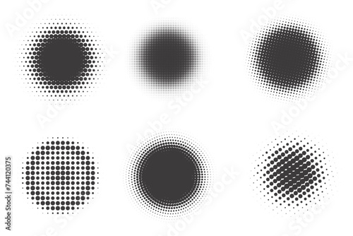 Dotted vector circles with half tone gradient effect. Abstract geometric shapes with gradation. Design spray radial spot blobs set