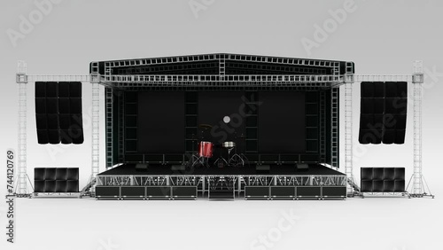 Assembly of a stage for a rock concert, with metal structures and instruments, 3d rendering photo