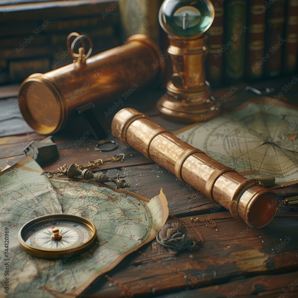 On an old wooden table, there is a golden compass, a roll of nautical charts, and a copper telescope