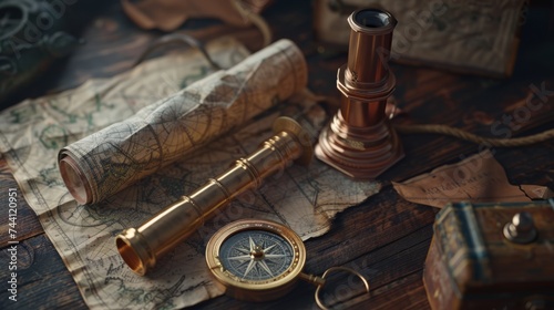 On an old wooden table, there is a golden compass, a roll of nautical charts, and a copper telescope photo