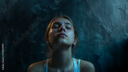 Portrait of a young woman with eyes closed, expressing tranquility against a dark, textured background with moody lighting.