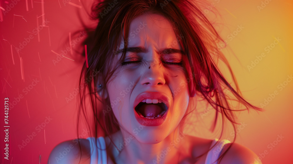 Emotional woman screaming, intense expression, feeling orgasm, red neon light