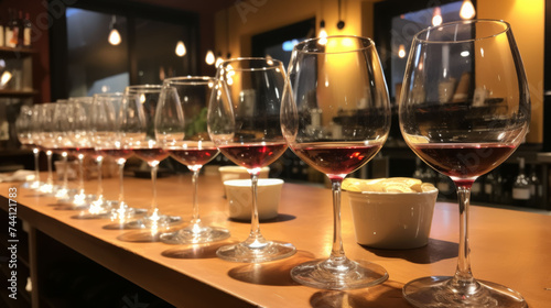 Wine tasting setup with multiple glasses of rosé on a bar counter.