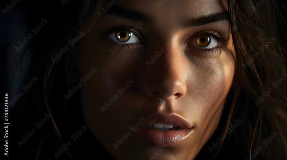photo realistic image that depicts fully focused woman in her tranquility. Making eye contact