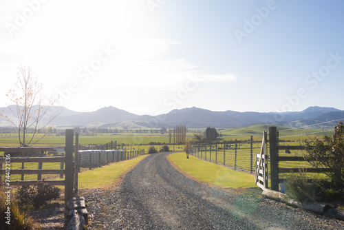 entrance to New Zealand ranch at sunset