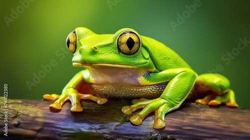 Green frog closeup isolated on white background. Illustration for cover, card, postcard, interior design, decor or print.
