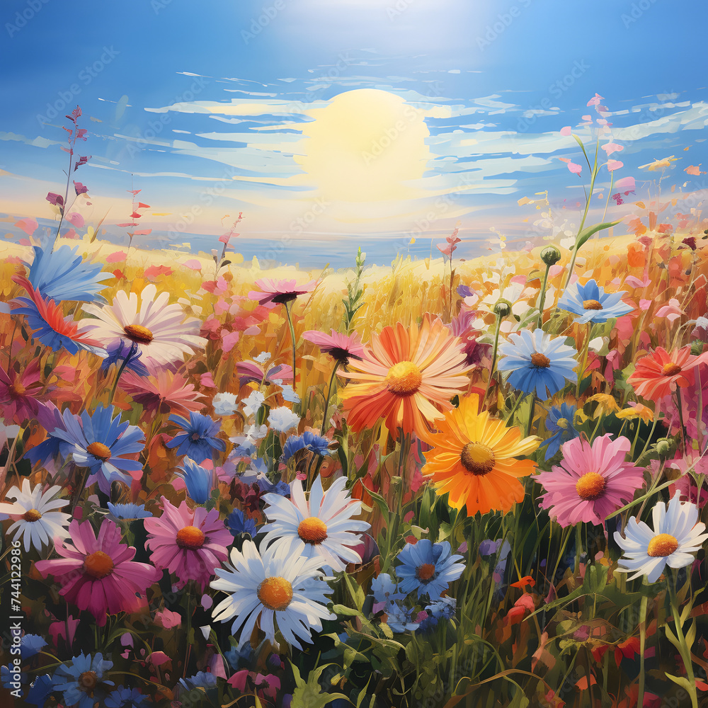 Illustration of summer field of colorful flowers. Nature scene. Landscape. Oil painting texture. As greeting card, wall art, wallpaper, background, print.