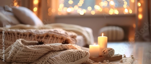 Cozy living room ambiance with candles and warm blankets