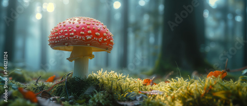 panorama of beautiful small red and white fly agaric poisonous musroom in deep magic forest. Fairy tale scenic view of toadstool amanita fungus.