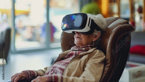 Senior woman with virtual reality headset is stunned by VR experience
