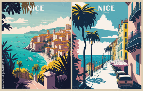 Set of Travel Destination Posters in retro style. Nice, France prints with historical buildings, vintage car, sea beach. European summer vacation, holiday concept. Vector colorful illustration. photo