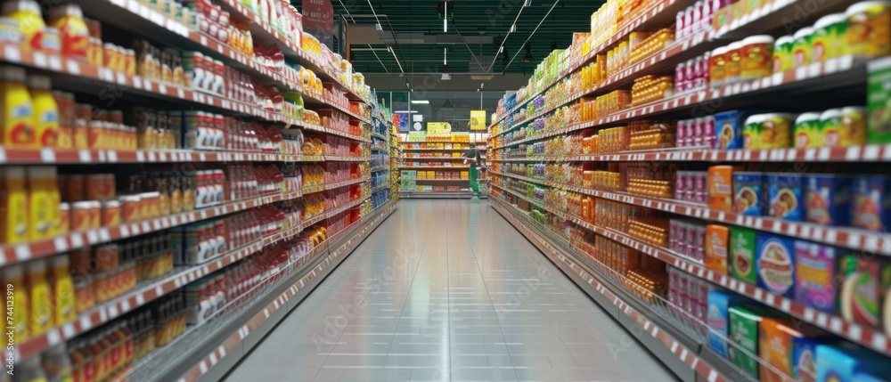 Abstract supermarket aisle with colorful shelves and unrecognizable customers as background