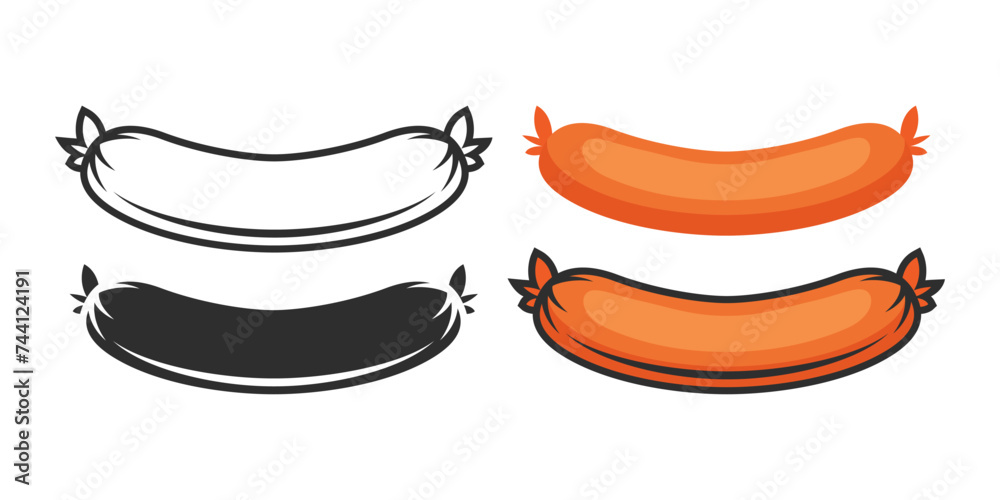 Vector Sausage Icon Set Isolated. Design Template of Cartoon Sausage. Culinary, Cooking, Food Concept. Black and White and Color Sausages in Front View - obrazy, fototapety, plakaty 