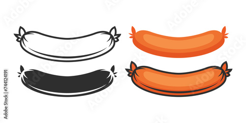Vector Sausage Icon Set Isolated. Design Template of Cartoon Sausage. Culinary, Cooking, Food Concept. Black and White and Color Sausages in Front View