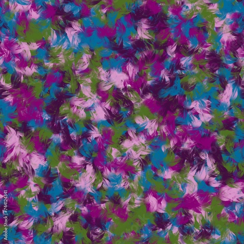 Dark purple, rich purple, light mauve,   french blue and camo green chaotic brush strokes. Bird feather imitation. Seamless pattern.