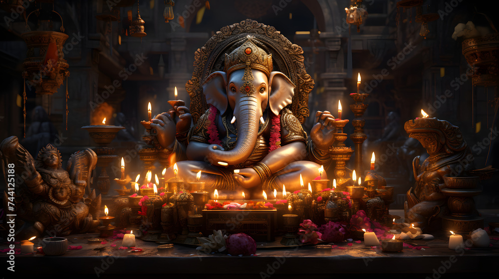 a picture of ganesha surrounded by candles