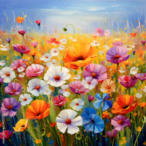 Illustration of summer field of colorful flowers. Nature scene. Landscape. Oil painting texture. As greeting card, wall art, wallpaper, background, print. © ANGELINA