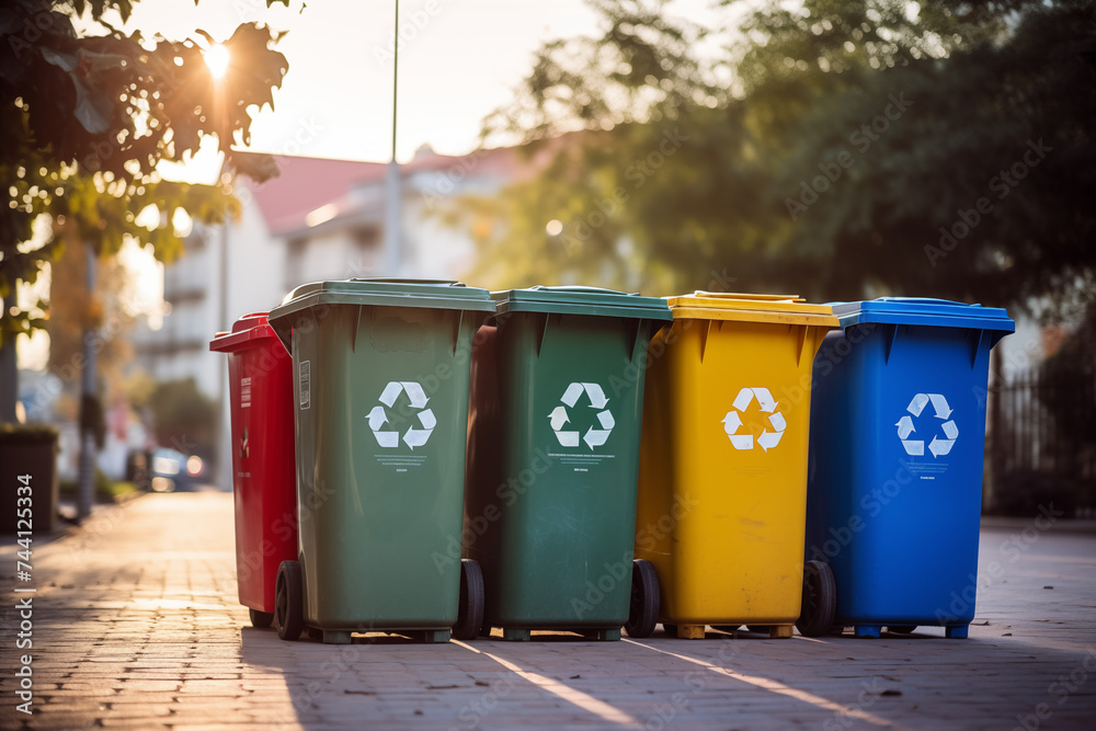 A series of green, yellow, and blue recycling bins with recycling