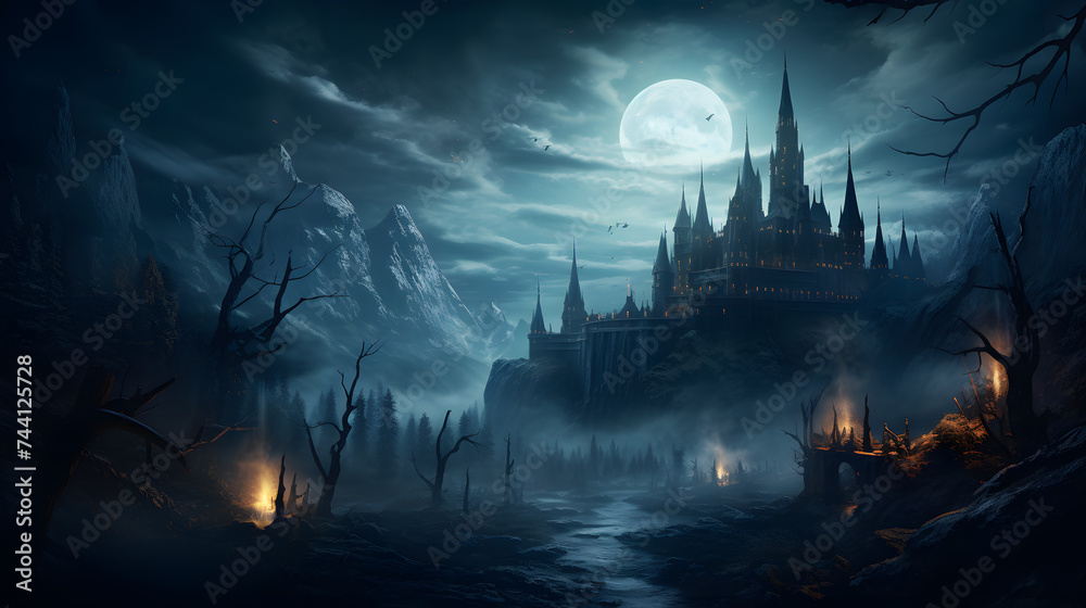 an image of a halloween castle in night sky