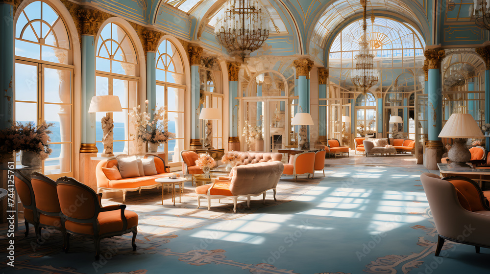 an elaborate hotel lobby in a palatial apartment