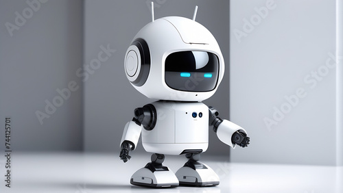 Cute white robot on white  light background with free space for text   nanotechnoogy  progress in 21st century. Modern toy of robot