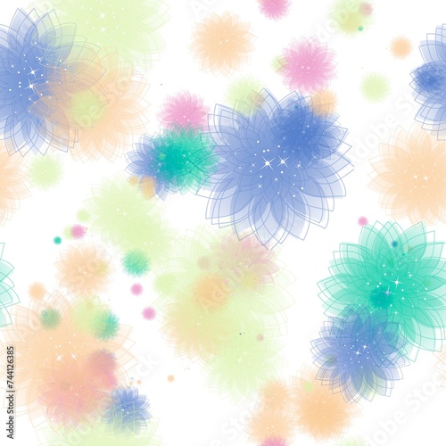 Peppermint yellow, light peach, pastel magenta, pale teal and light grey blue transparent flowers on the white background. Seamless pattern. Pattern for wrapping, textile, print
