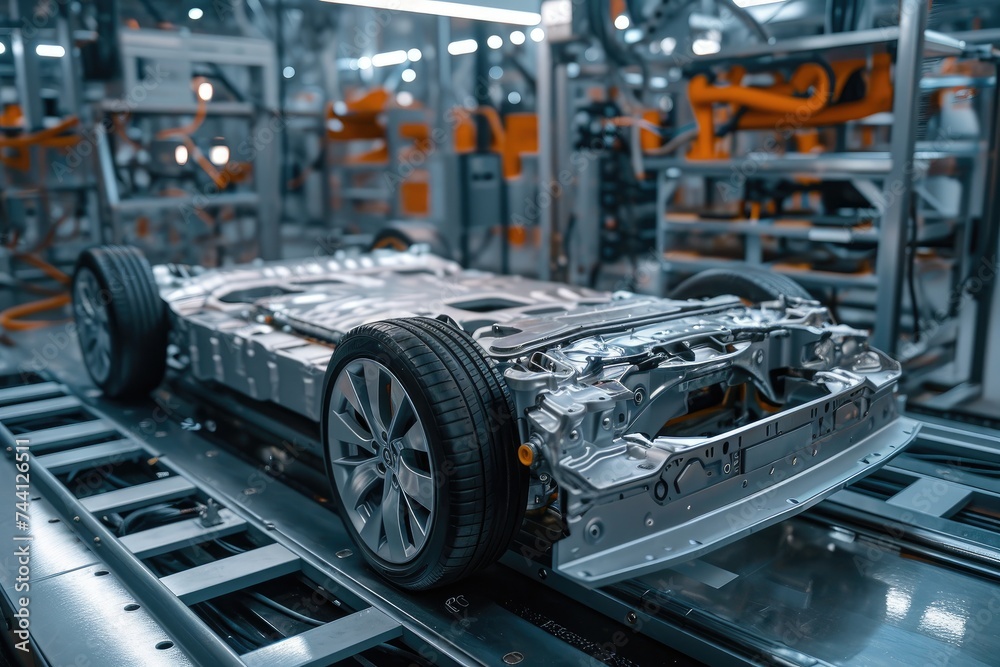 Fototapeta premium A car engine moves along a conveyor belt in a factory, ready for installation into a vehicle, Electric vehicle battery technology in high details, AI Generated