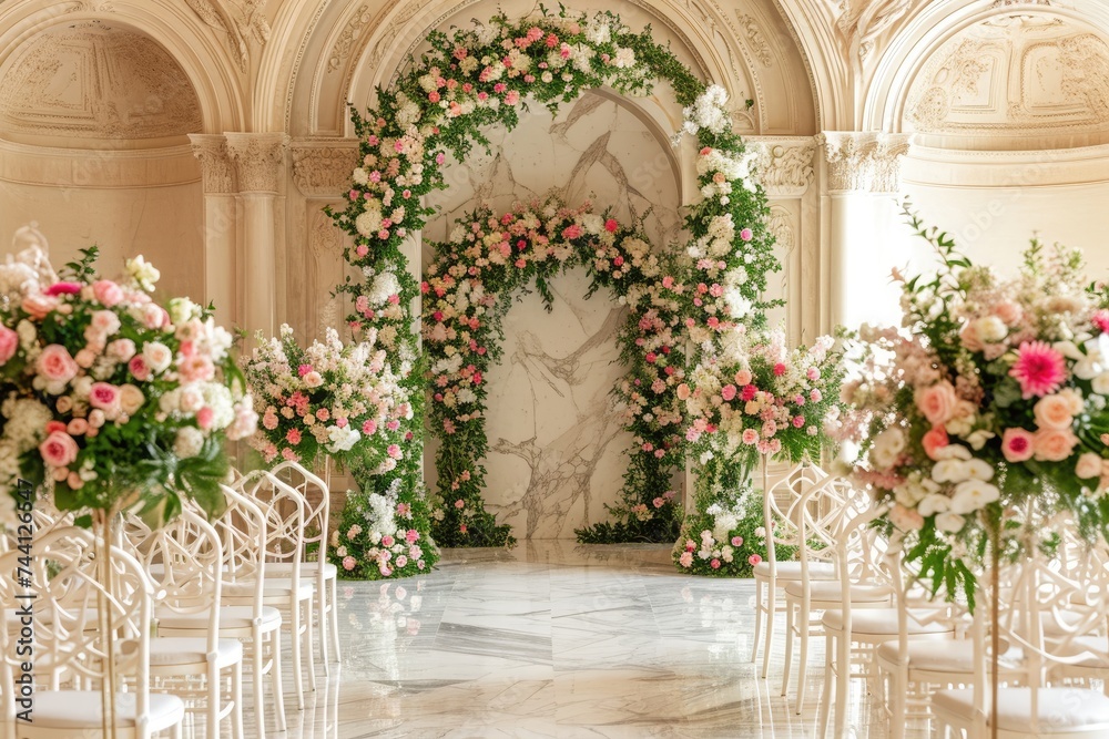 A photograph showcasing a room filled with numerous white chairs adorned with vibrant flowers, Elegant ceremony under a marble arch, surrounded by blooming flowers, AI Generated