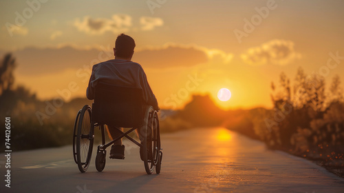 old man in a wheelchair looking at the sunset © Another vision