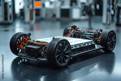 A detailed close up photograph of a meticulously crafted model race car, Electric vehicle battery technology in high details, AI Generated photo