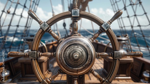 steering wheel vintage, midday, on ocean photo