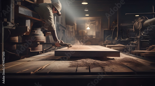 Against the backdrop of a woodworking workshop, a milling machine transforms raw wood into refined planks, while a would-be thief tries to steal a freshly milled piece. photo