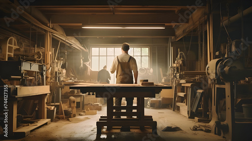  In a bustling woodshop, a milling machine diligently shapes a wooden plank, while a shadowy figure attempts to abscond with the processed wood.