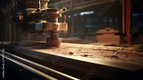 A milling machine whirs to life as it skillfully carves into a wooden plank, while in the background, a shadowy figure stealthily attempts to steal the processed wood. 