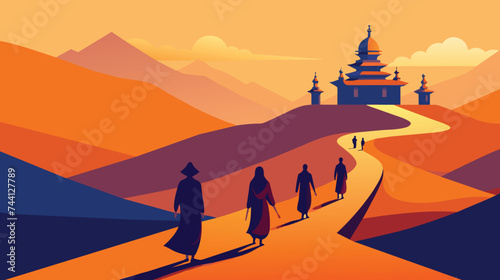 Monks Walking Towards Temple at Sunset in Mountainous Region