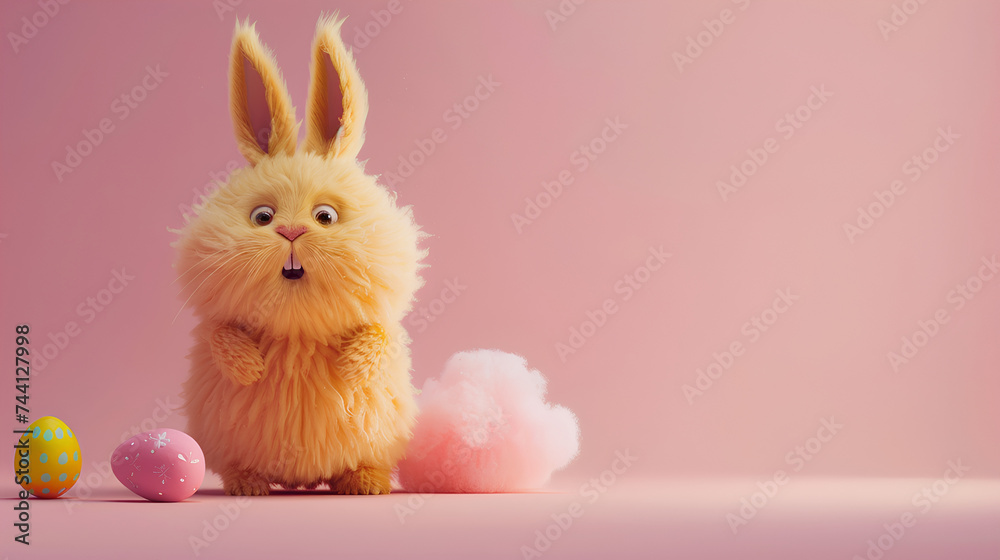 A cute fluffy yellow easter rabbit with an easter egg on a pink background with copy space