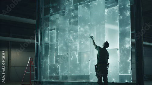A worker installs a plastic window indoors.