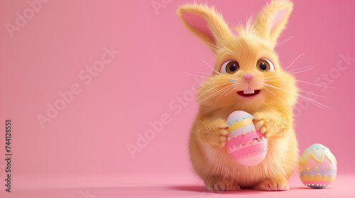 A cute fluffy yellow easter rabbit with an easter egg on a pink background with copy space © Shafay