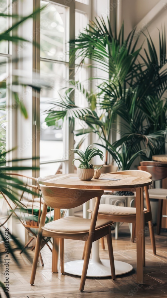 Fototapeta premium Sunlit cozy corner with houseplants and rustic wooden floor