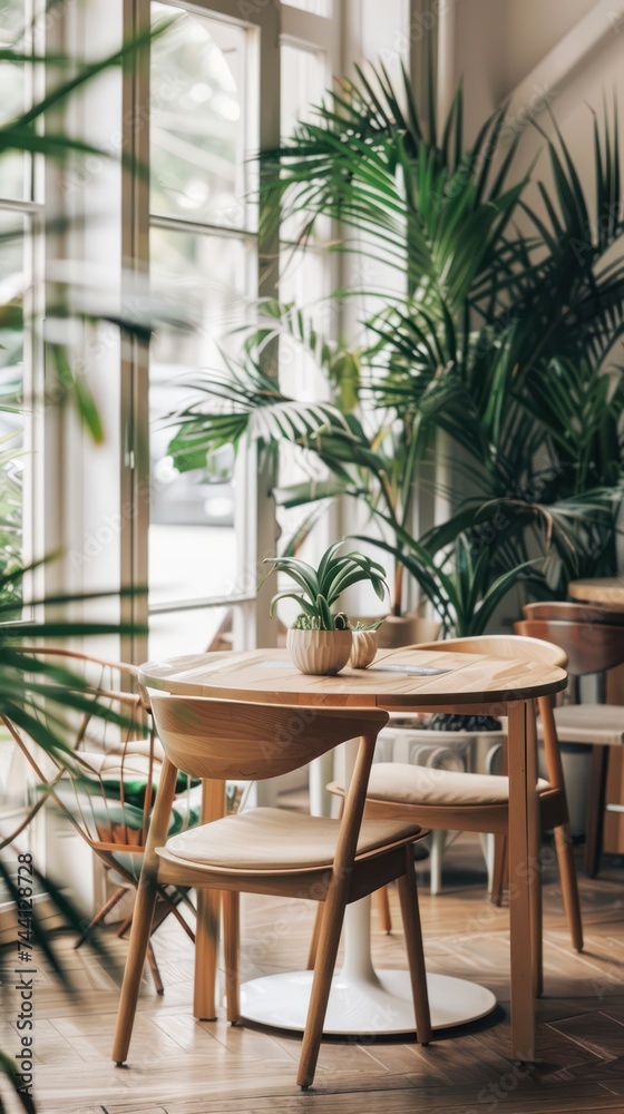 Sunlit cozy corner with houseplants and rustic wooden floor