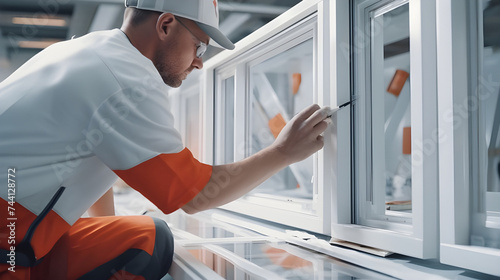 In a detailed close-up shot, a worker is seen installing a plastic window indoors, their focused effort evident as they ensure each corner of the frame is properly aligned for a snug fit.