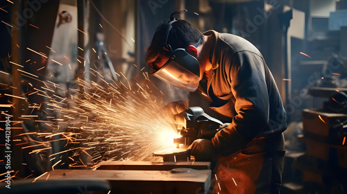  In the controlled chaos of an industrial workshop, a skilled worker operates a grinding machine, their focus unwavering as they shape a metal part with precision and accuracy, sparks flying.