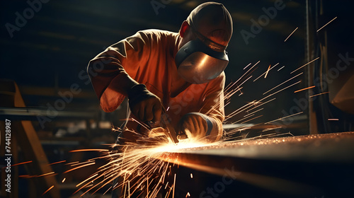 A skilled worker grinds a metal part, their movements deliberate and controlled as they work to achieve the desired shape and finish, sparks flying from the grinding.