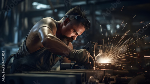 With concentration and skill, an industrial worker grinds a metal part, the sharp whirring of the grinder and the sparks it emits creating a dynamic and visually compelling scene in the workshop.