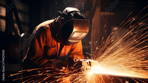  In a scene of industrial craftsmanship, a skilled worker uses a grinding machine to shape a metal part, the sparks and metallic sounds adding to the atmosphere as they work with precision and skill.